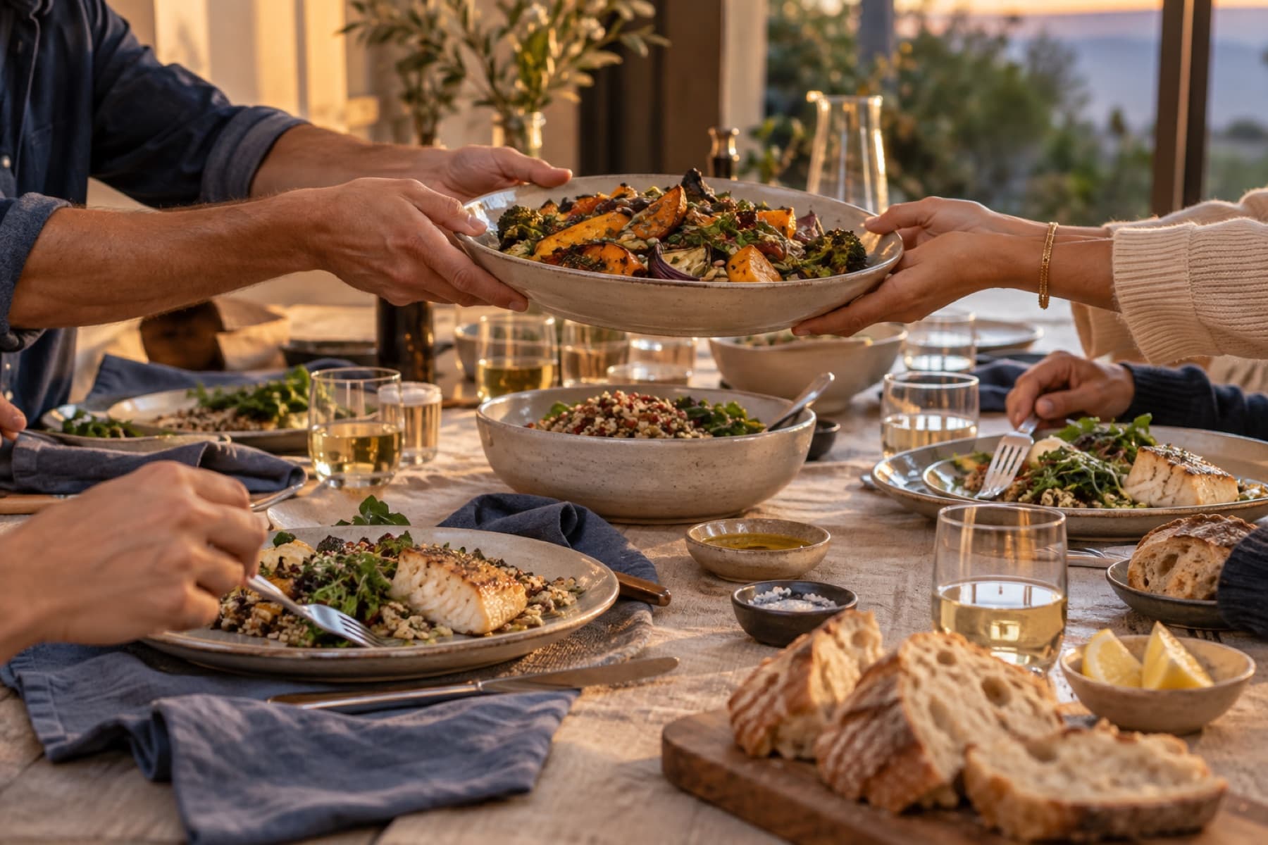 Plat équilibré partagé au cours d'un repas convivial