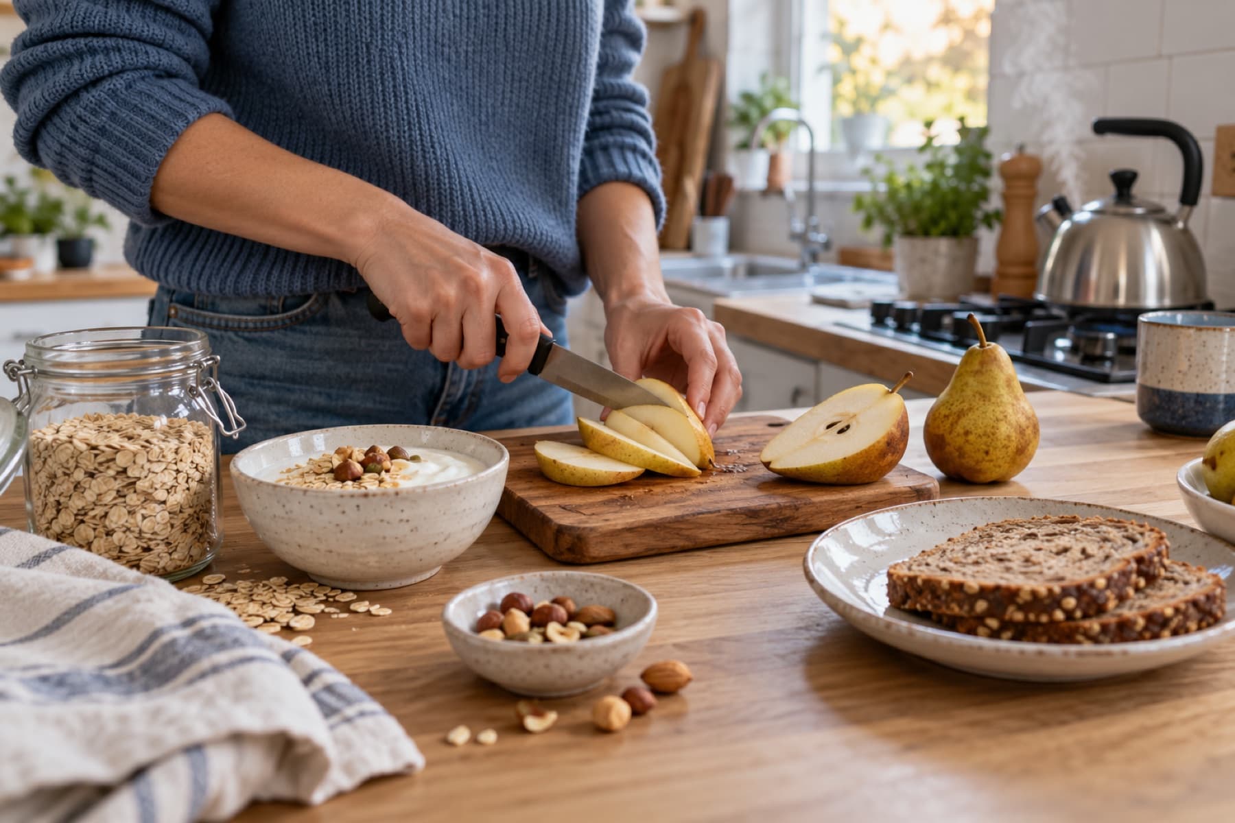 Préparation d'un petit-déjeuner à base de poire et de céréales