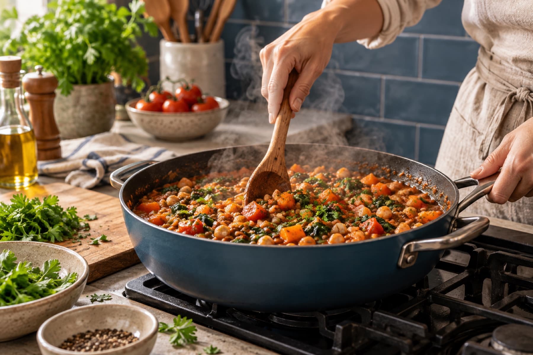 Préparation d'un plat maison aux lentilles et légumes