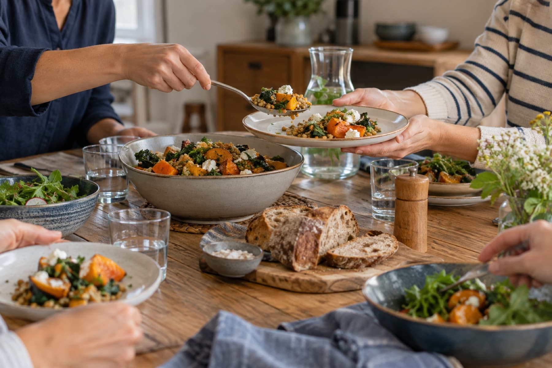 Repas varié partagé dans une atmosphère conviviale